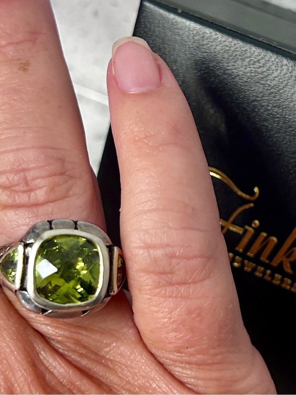 Designer Inspired 925-Stamped Faceted Peridot-Style Silver Ring, size 8.5-9